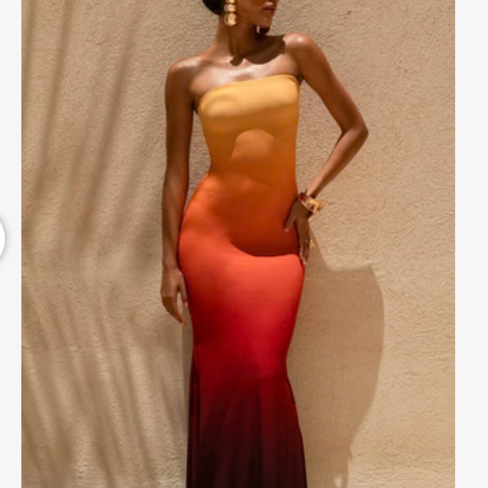 Club L London Strapless Ombre Maxi Dress in Yellow, Orange, Red